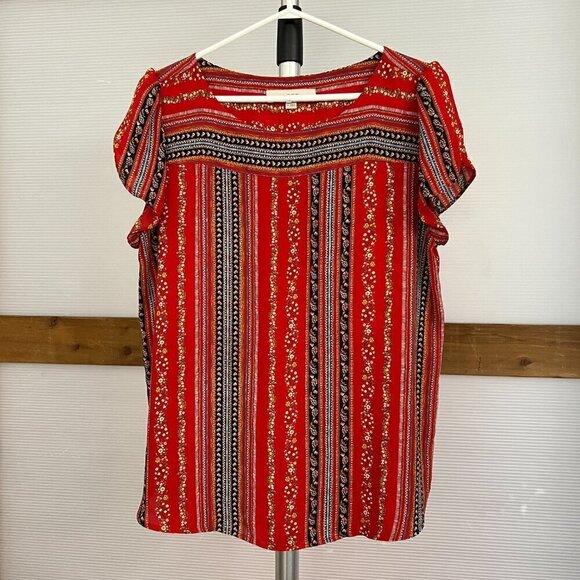 Loft Red Abstract Floral Stripe Scoop Neck Petal Short Sleeve Blouse Sz M - Picture 1 of 15